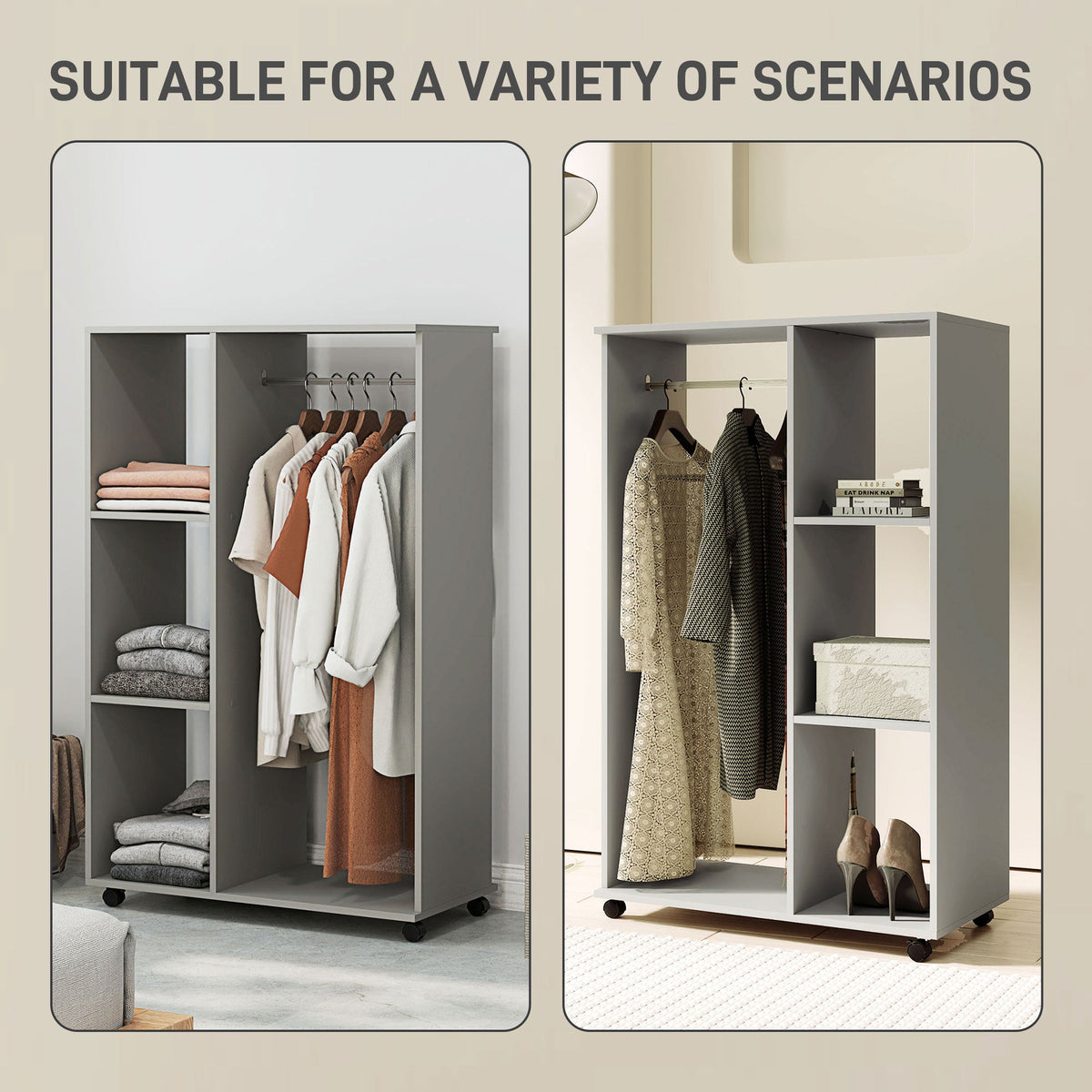 homcom open wardrobe on wheels bedroom wardrobe with clothes hanging rail 3 storage shelves mobile garment rack for cloakroom hallway grey