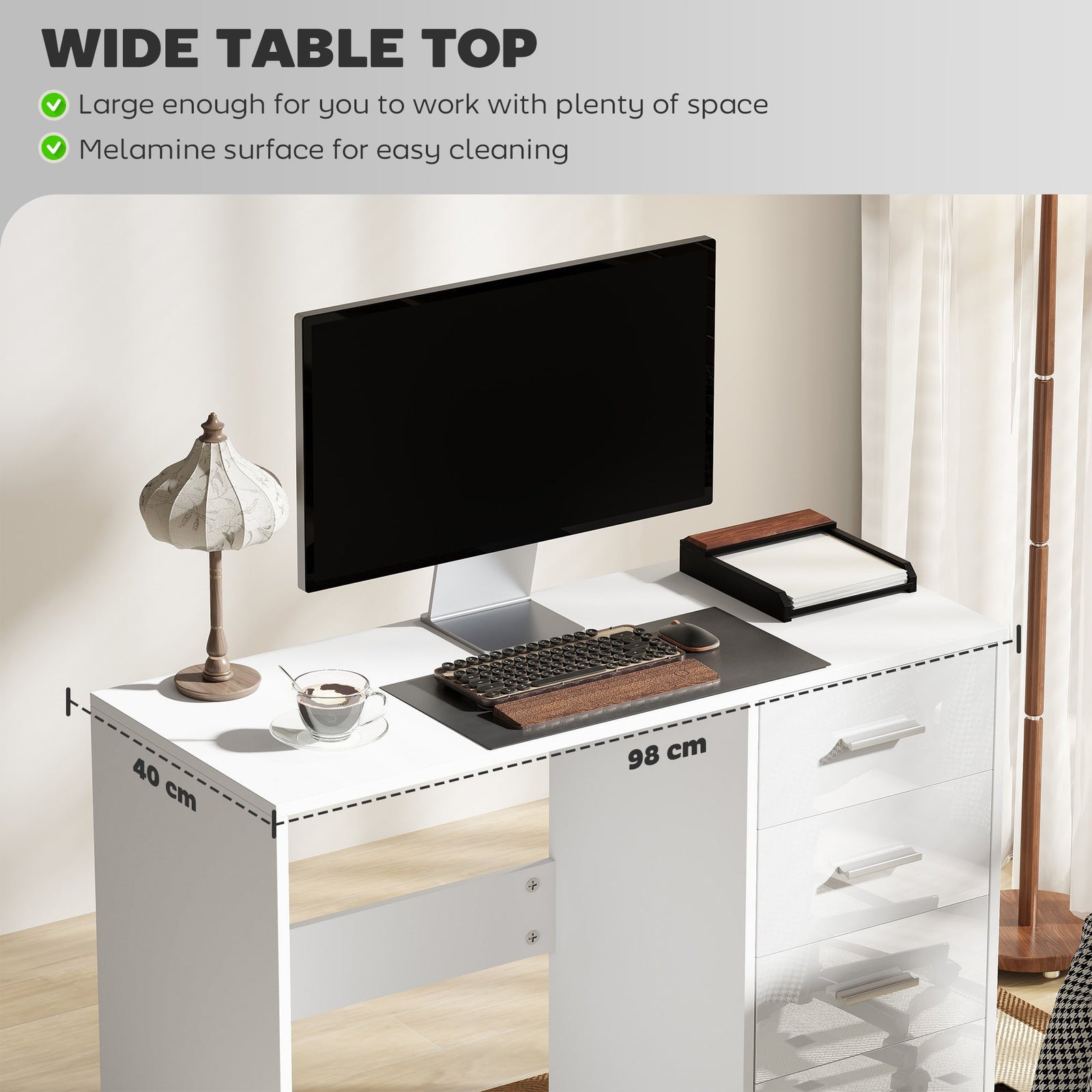homcom computer desk with drawers dressing table high gloss home office writing workstation white
