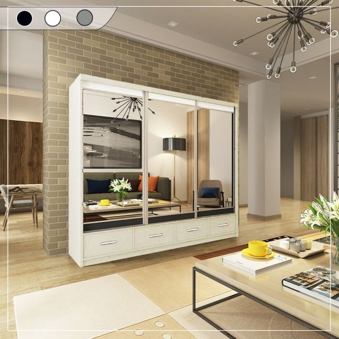 CHOICEWARDROBE Newry 250cm white sliding door wardrobe with three mirrored doors.