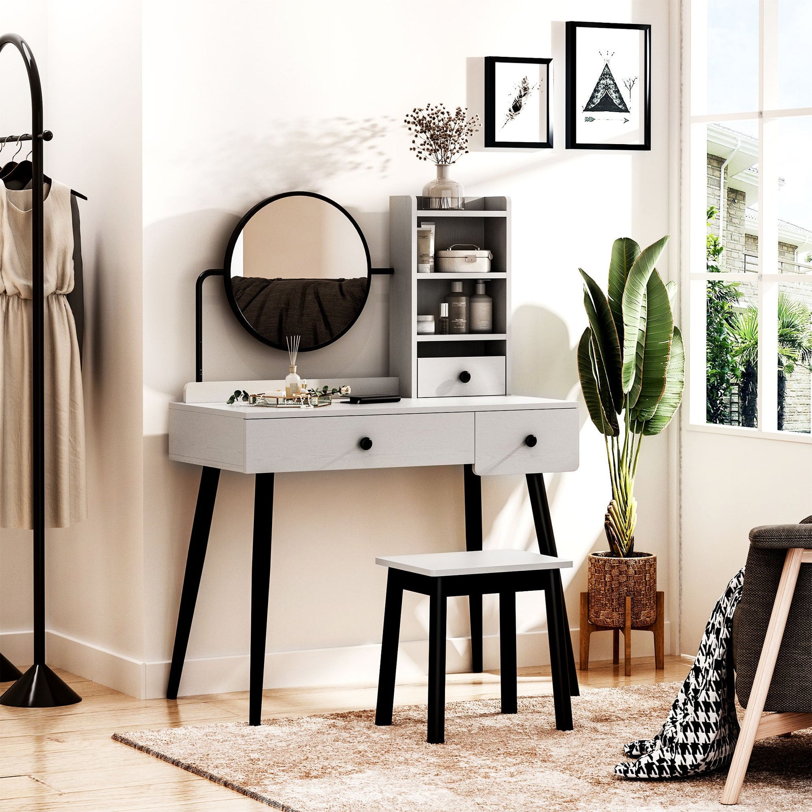 homcom dressing table set with mirror and stool vanity makeup table with 3 drawers and open shelves for bedroom living room grey