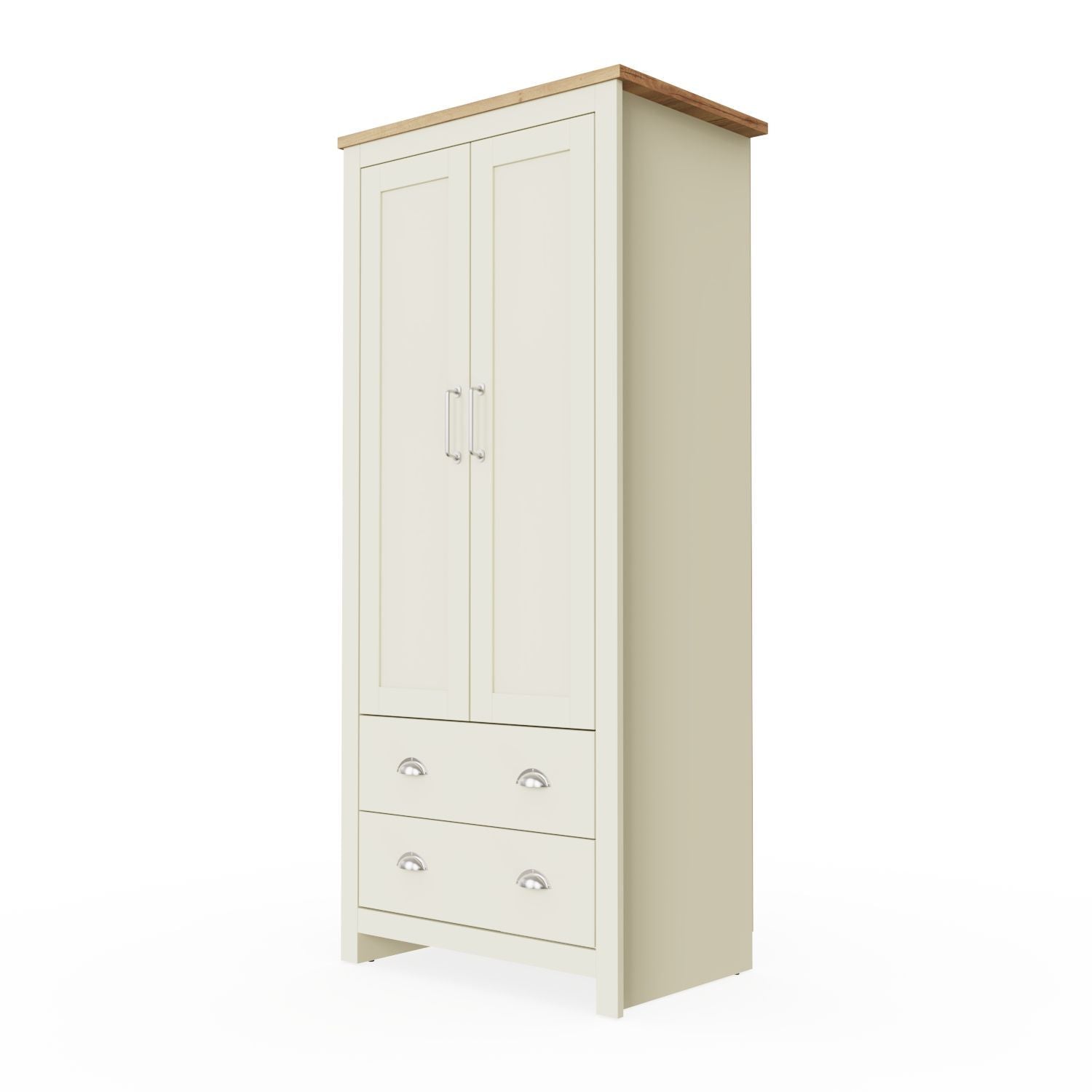 Cream 2 door wardrobe with oak effect top and 2 lower drawers