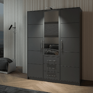 Grey BARNSLEY 3-door mirrored wardrobe with 3 drawers
