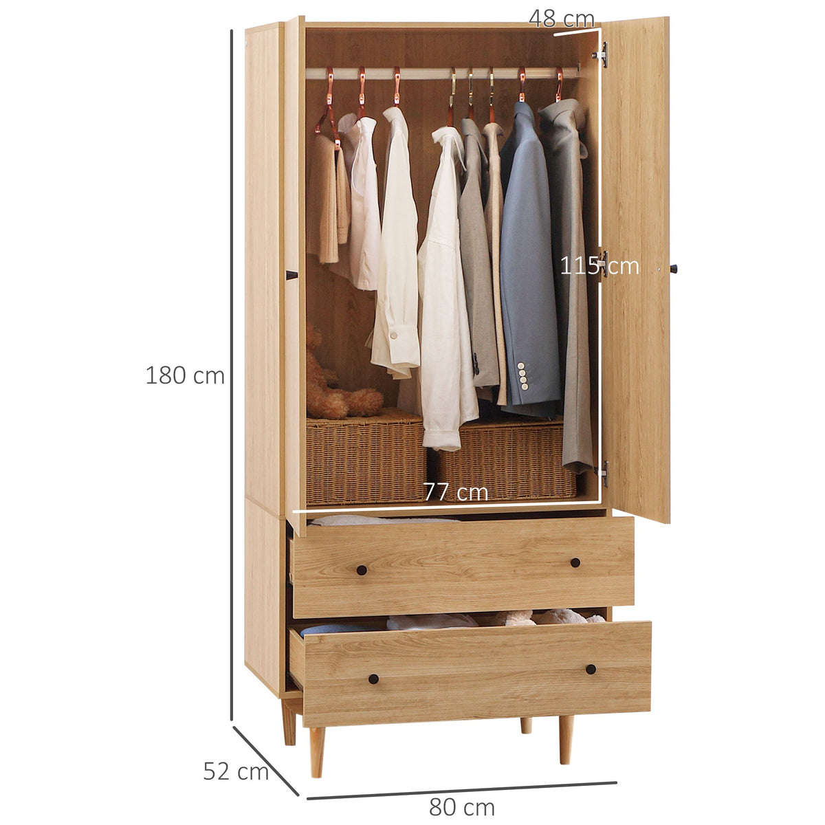 homcom wardrobe with 2 doors 2 drawers hanging rail for bedroom clothes storage organiser 80x52x180cm natural tone