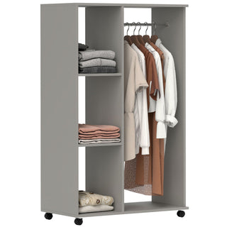 homcom open wardrobe on wheels bedroom wardrobe with clothes hanging rail 3 storage shelves mobile garment rack for cloakroom hallway grey