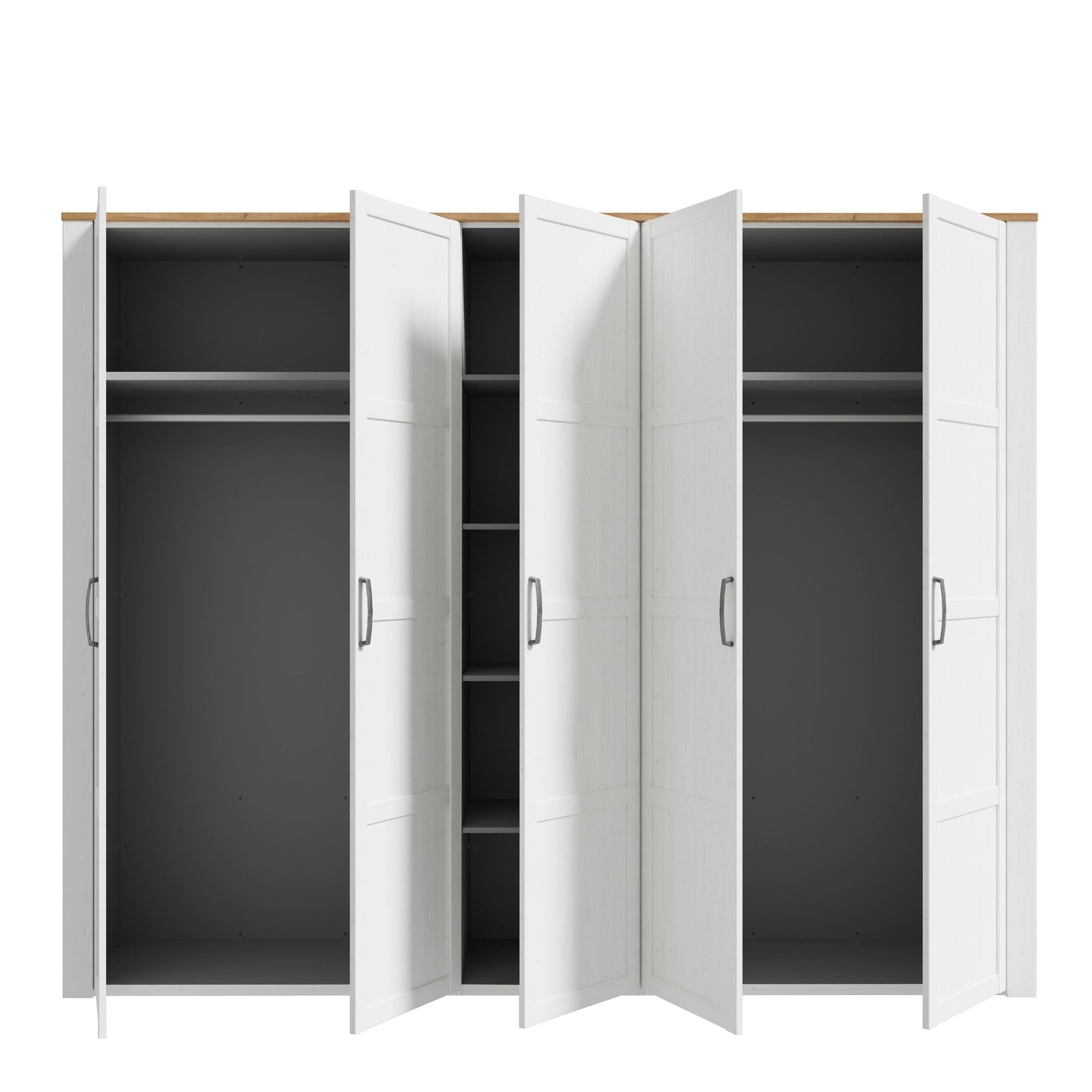 White five-door wardrobe with oak top, doors open showing interior