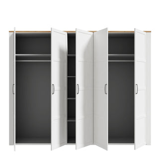 White five-door wardrobe with oak top, doors open showing interior