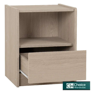 Smoked Ash wooden bedside cabinet with one drawer and open shelf