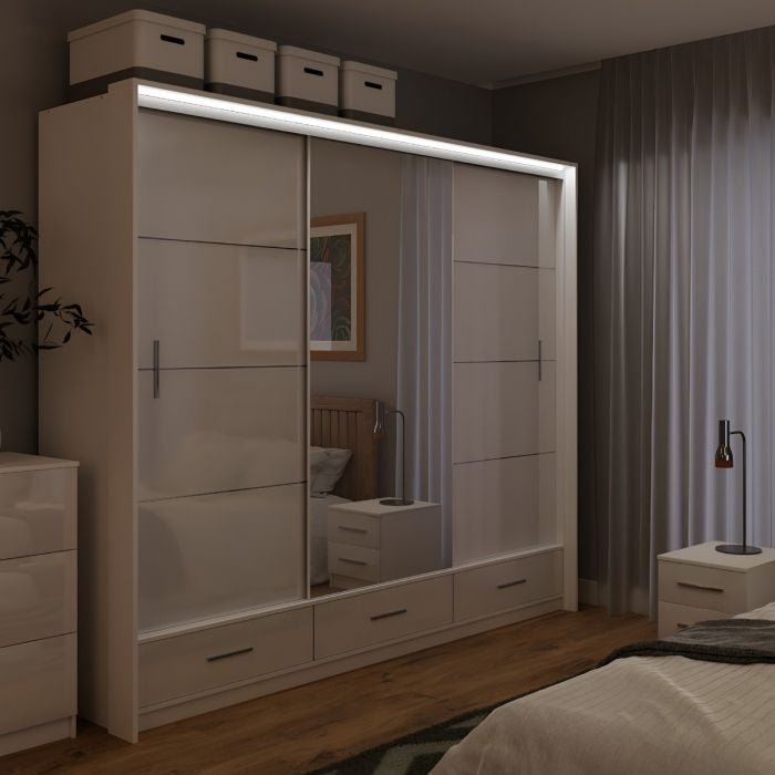 Warrington 3 door white high gloss sliding wardrobe with mirrored panels