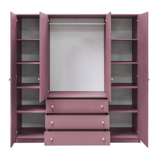 Purple ELVIRO 4-door wardrobe with open doors, 3 drawers, and internal shelves and hanging rail.