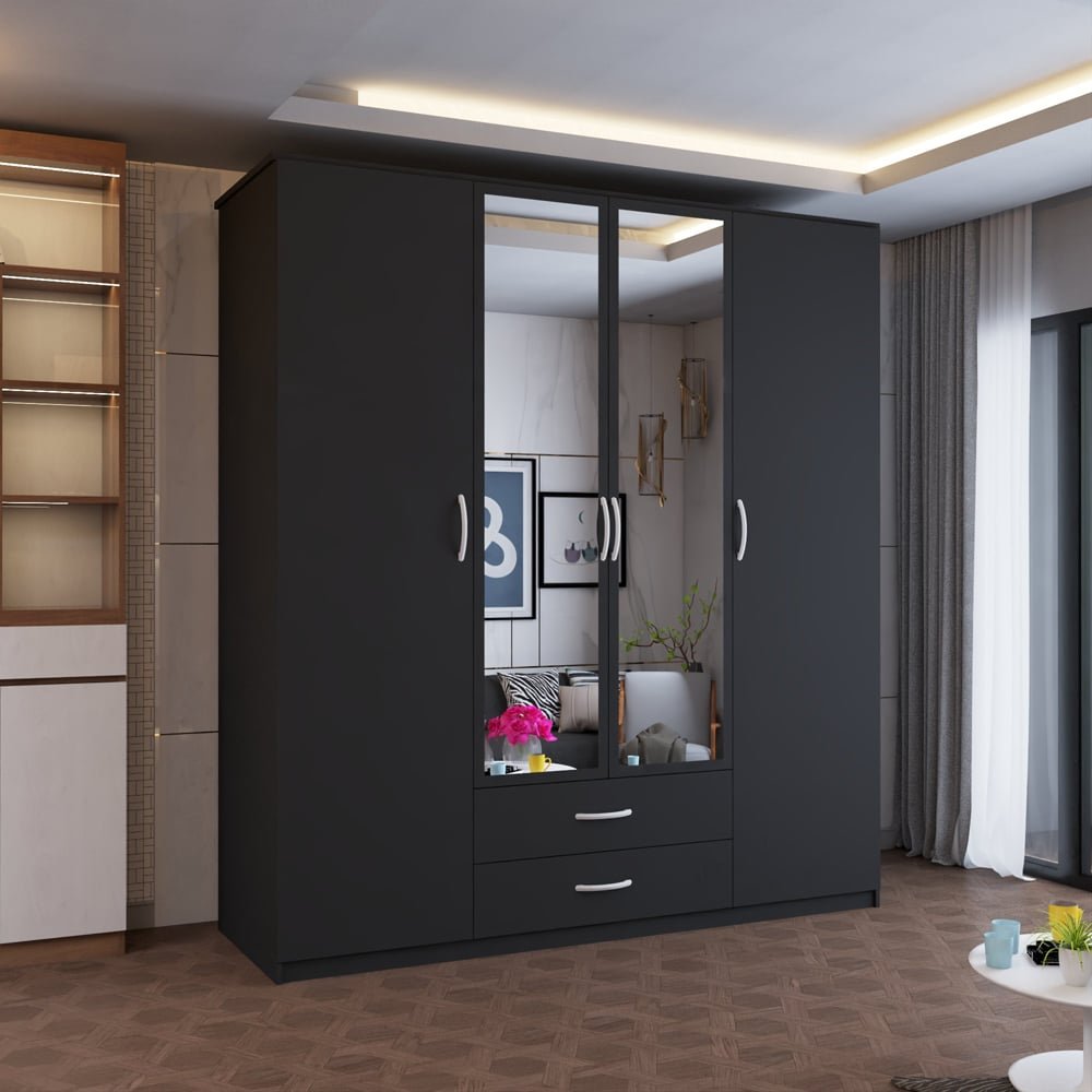 CHOICEWARDROBE London Black Finish 4-door hinged wardrobe with mirrored doors and two drawers