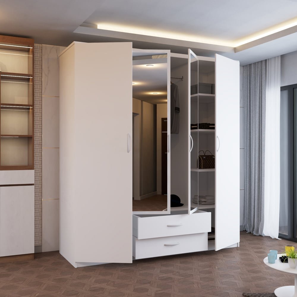 White 4-door, 2-drawer hinged mirrored wardrobe with open interior shelving