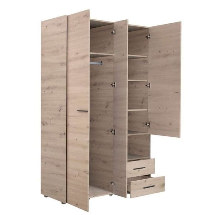 Higham 3 door Grey Oak wardrobe with open doors, shelves and two drawers visible