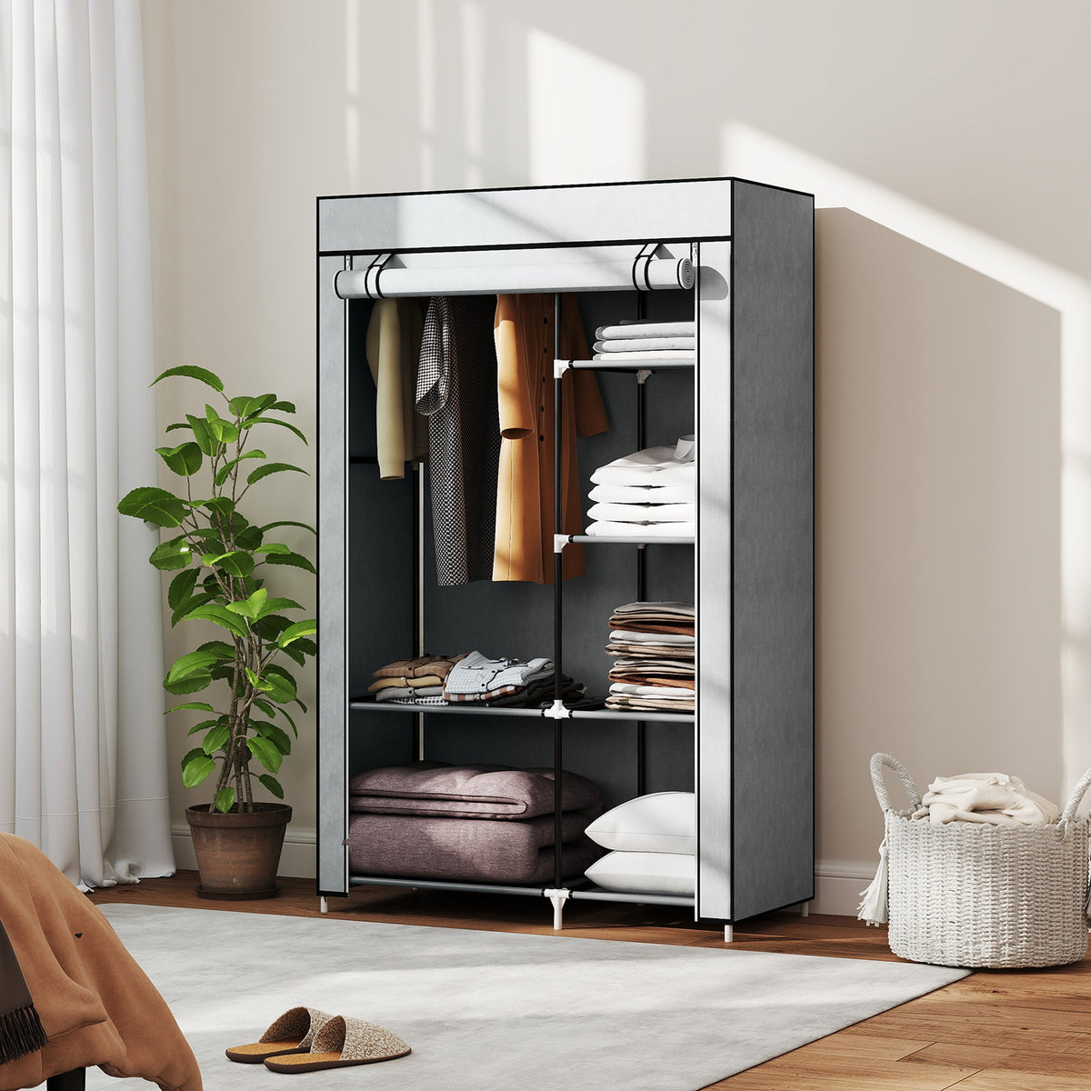 homcom fabric wardrobe portable wardrobe with 6 shelves 1 hanging rail foldable closets 103 x 43 x 162 5 cm light grey