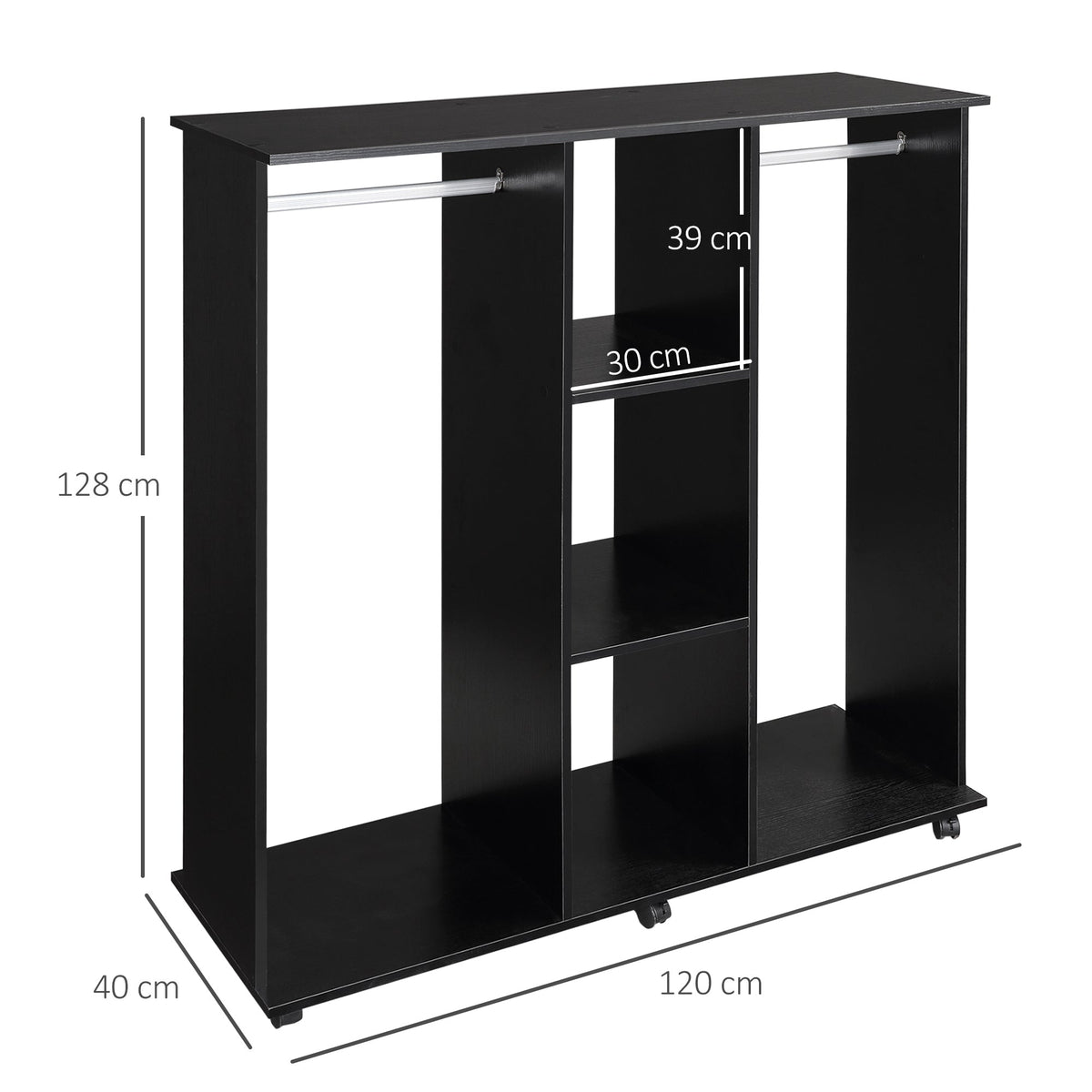 homcom open wardrobe double mobile storage shelves organizer w 6 wheels black