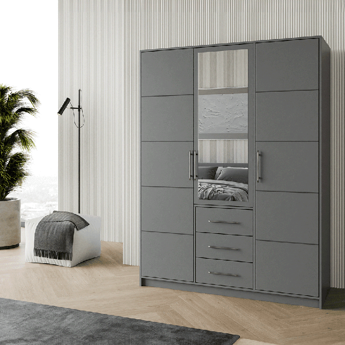 Grey 3-door wardrobe with mirrored middle door and 3 drawers below