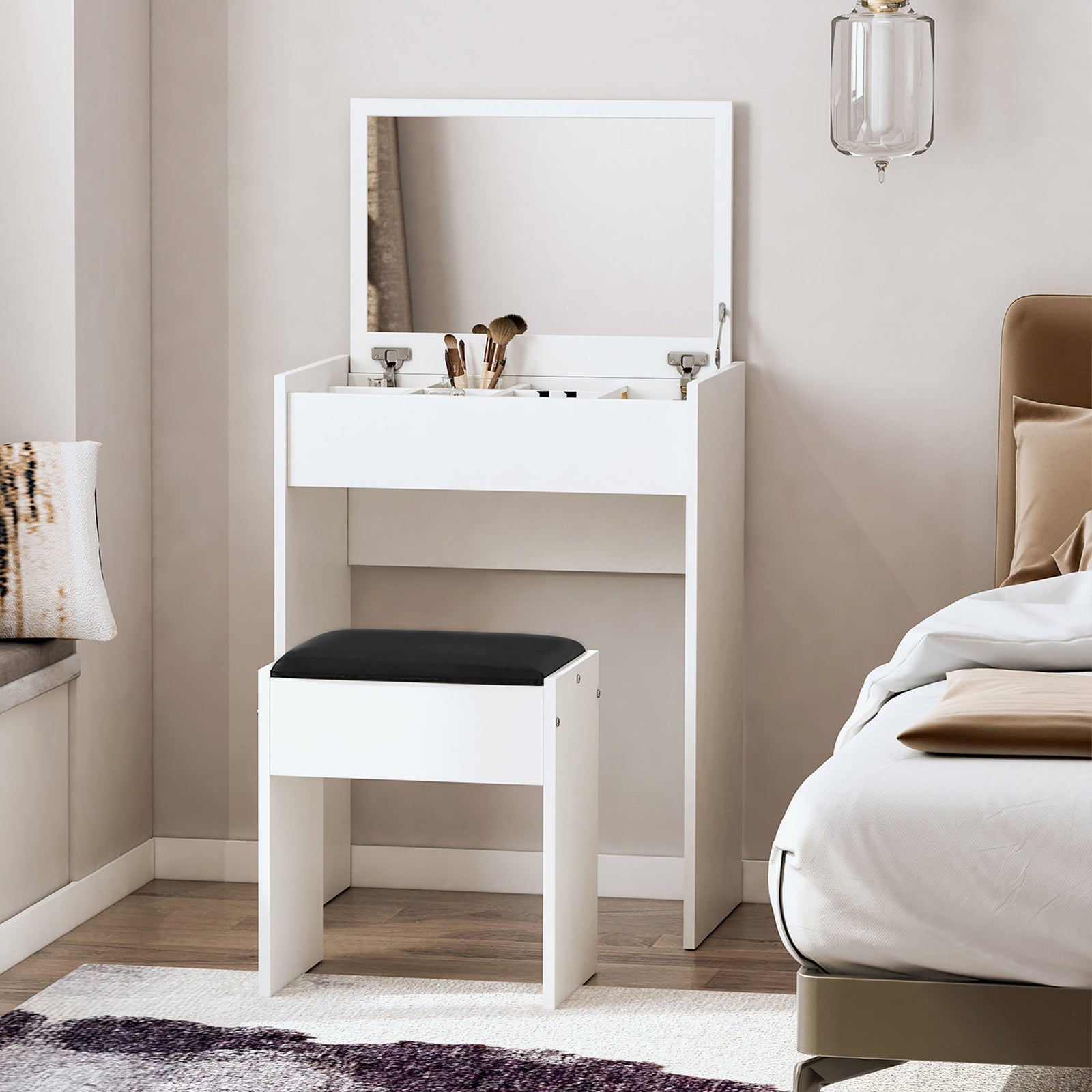homcom dressing table with mirror and stool vanity makeup table with flip up mirror vanity desk with storage unit and padded seat white