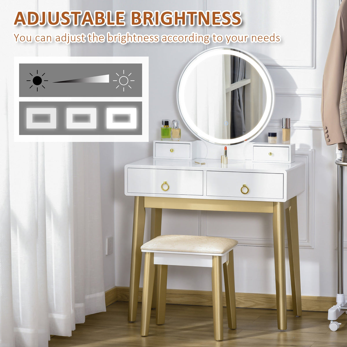homcom dressing table set with mirror built in 3 color led light vanity makeup table with 4 drawers and cushioned stool for bedroom white