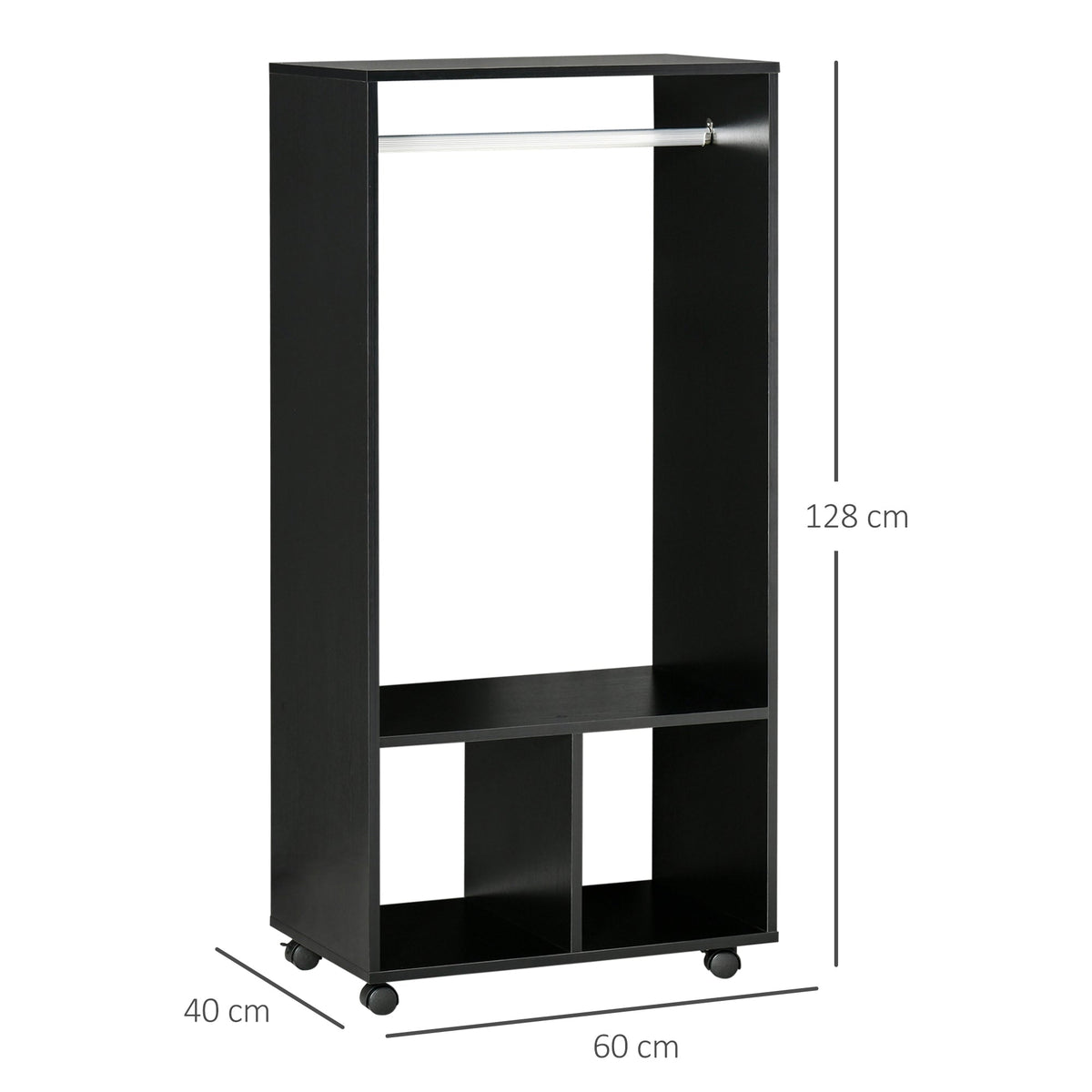 homcom open wardrobe on wheels bedroom wardrobe with clothes hanging rail 2 storage shelves mobile garment rack for cloakroom hallway black