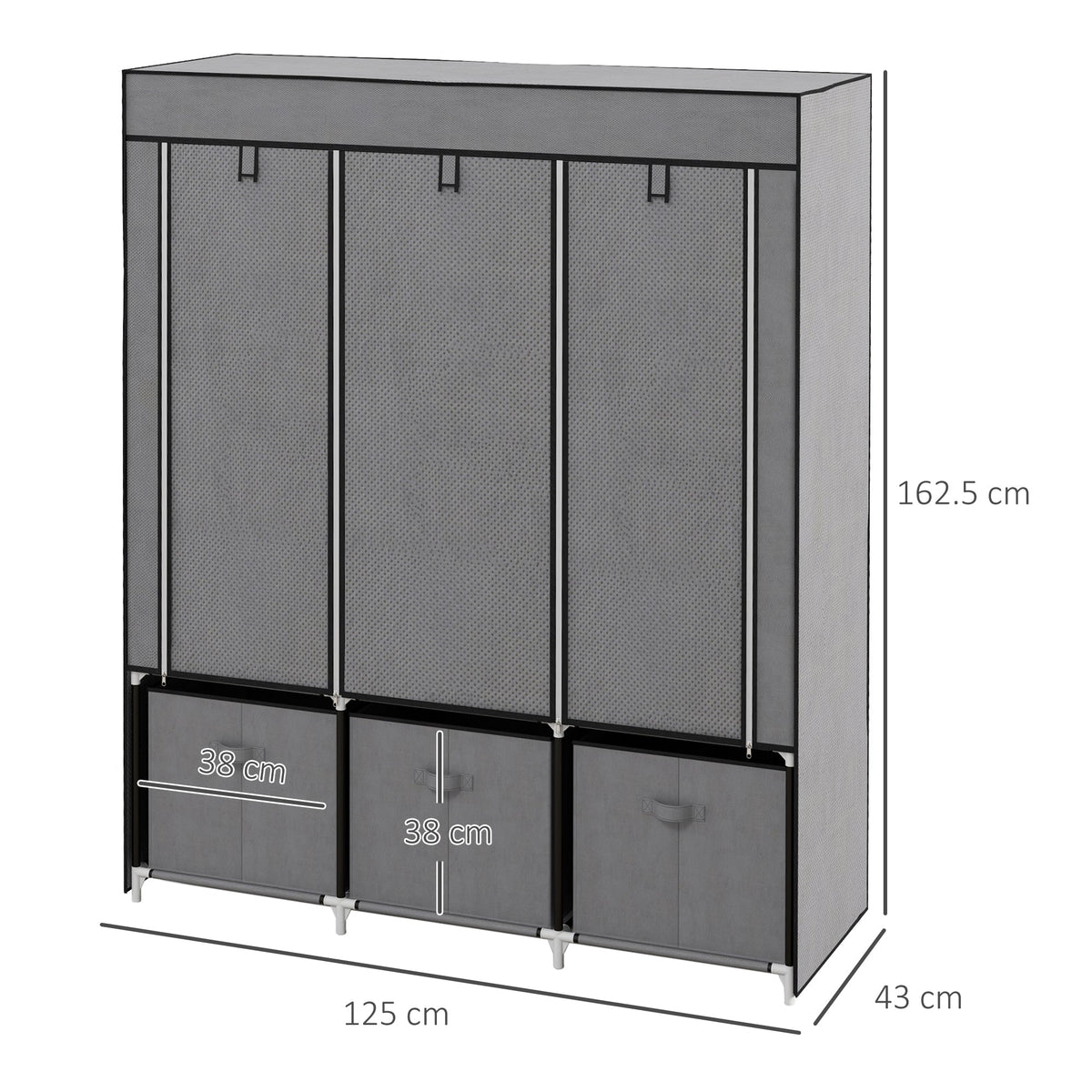homcom foldable fabric wardrobe for bedroom portable wardrobe with 5 shelves 2 hanging rails and 3 fabric drawers dark grey