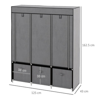 homcom foldable fabric wardrobe for bedroom portable wardrobe with 5 shelves 2 hanging rails and 3 fabric drawers dark grey