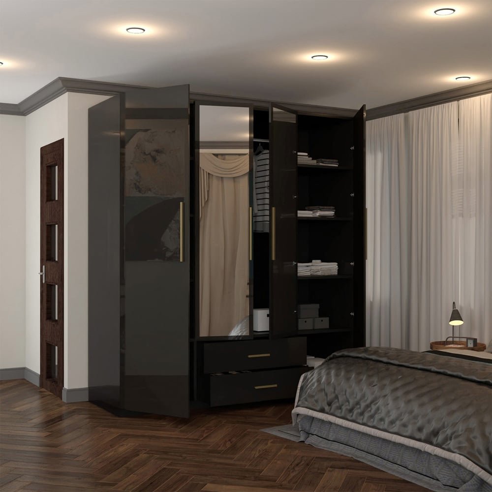 XD1 Black High Gloss 4 Door 2 Drawer Gold Handle Mirrored Wardrobe with open shelves and drawers.