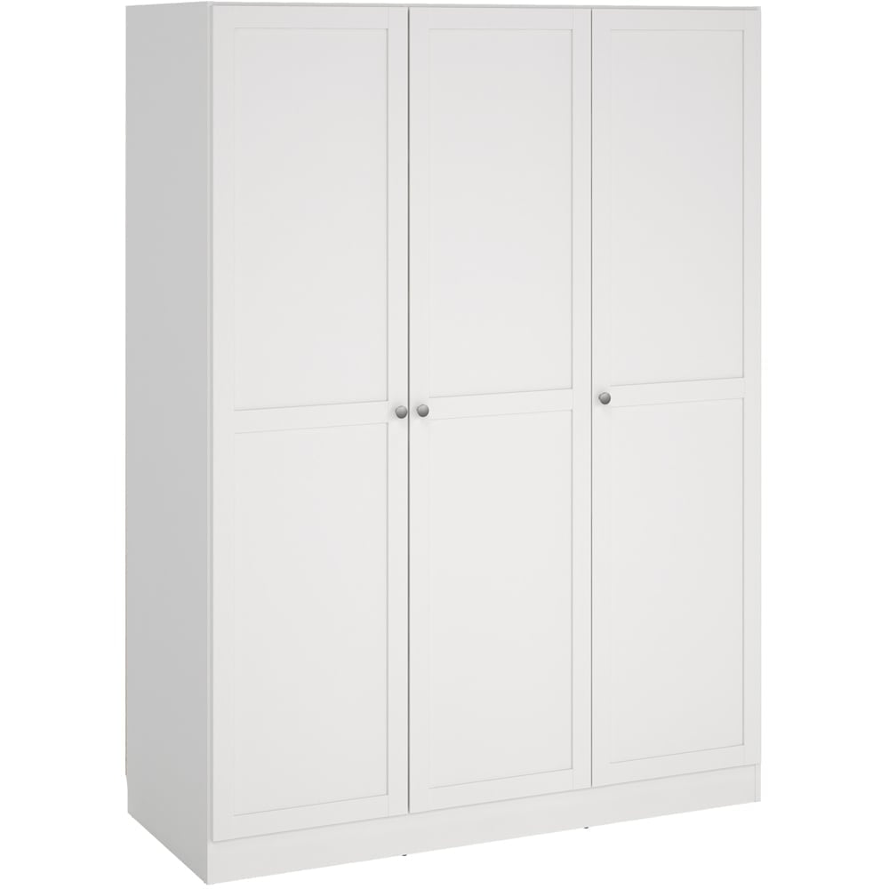 White 3 door Florence Brande wardrobe with simple panel detailing and round handles
