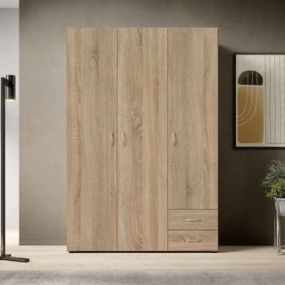 Three-door Oak Sonoma wooden wardrobe with two drawers and silver handles