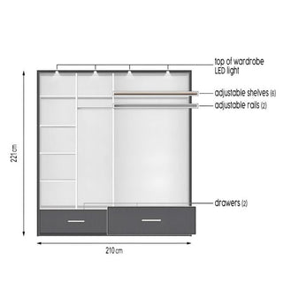 Diagram of LINDSEY 2 Door Wardrobe (White, 209cm) showing dimensions, LED light, shelves, rails, and drawers.