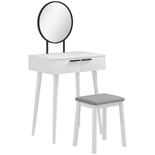 homcom modern dressing table with round mirror and stool makeup vanity table with 2 drawers for bedroom living room 60 x 40 x 123 cm white