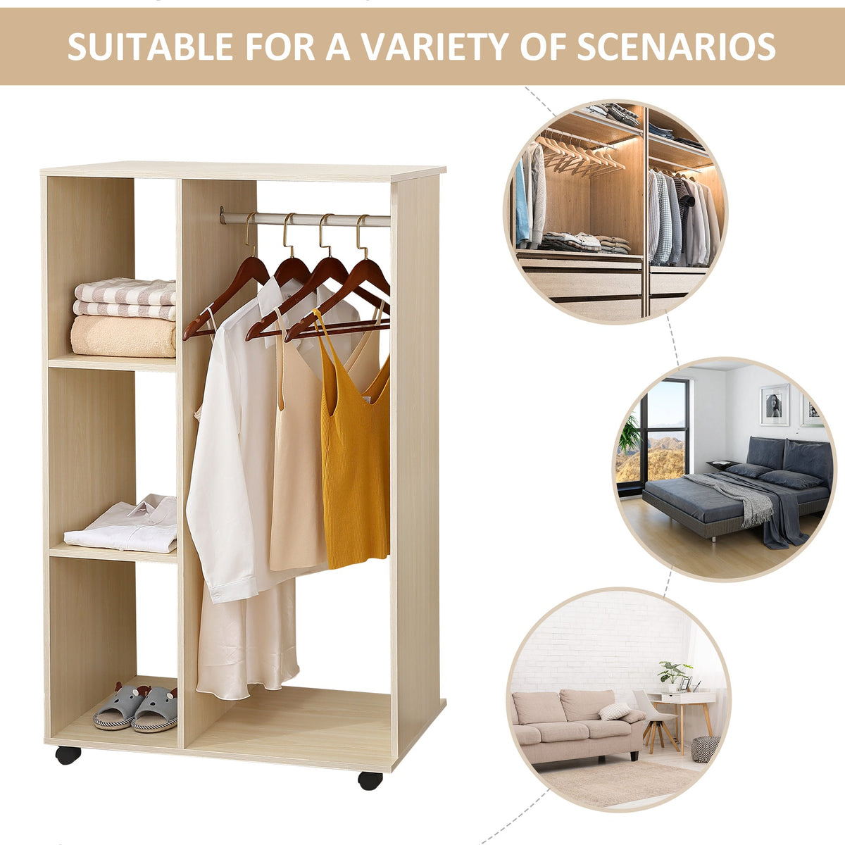 homcom open wardrobe on wheels bedroom wardrobe with clothes hanging rail 3 storage shelves mobile garment rack for cloakroom hallway maple wood effect