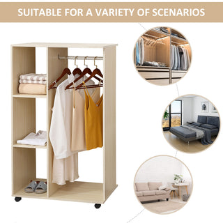 homcom open wardrobe on wheels bedroom wardrobe with clothes hanging rail 3 storage shelves mobile garment rack for cloakroom hallway maple wood effect