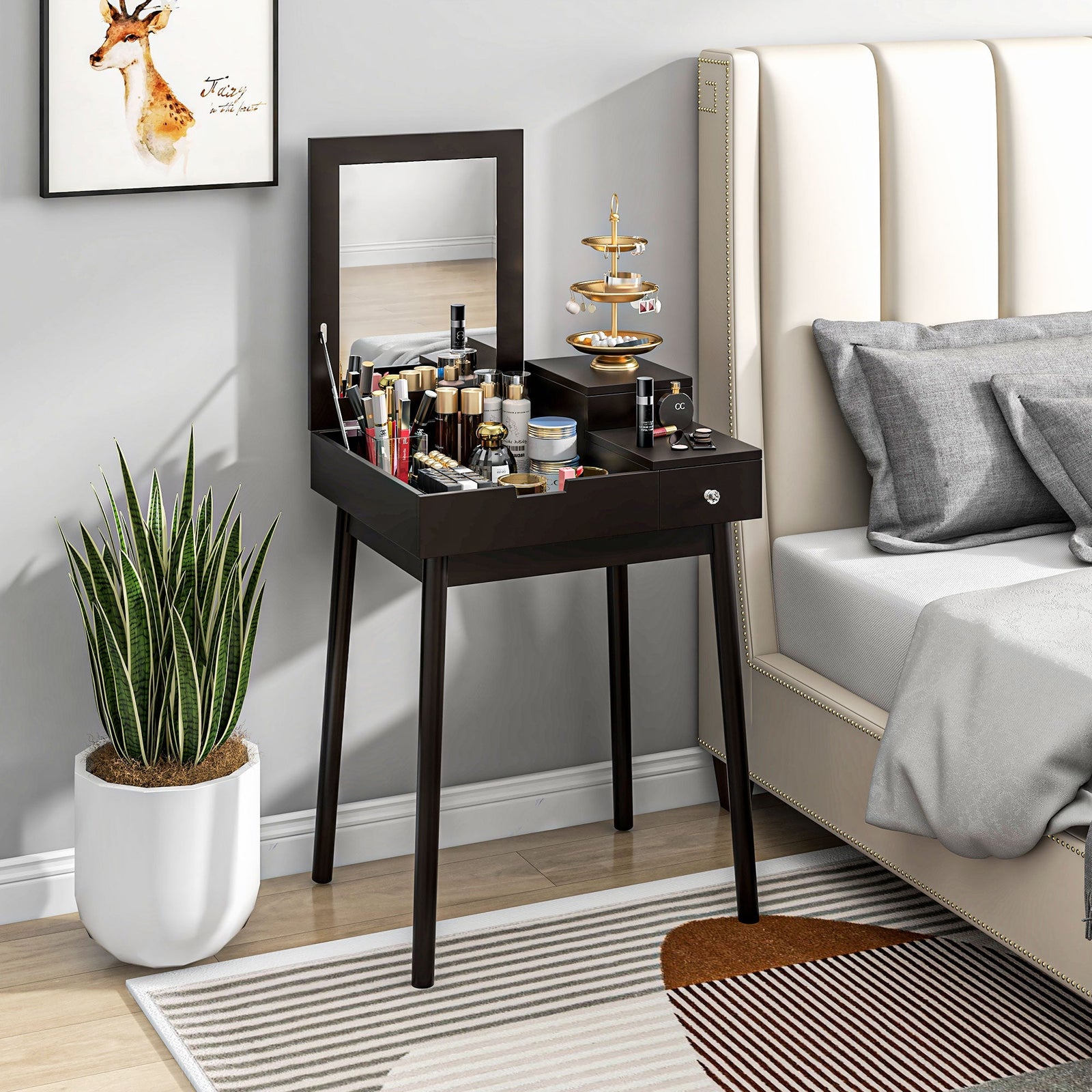 homcom dressing table with flip up mirror makeup desk with 2 drawers and pine wood legs vanity table writing desk for bedroom living room black