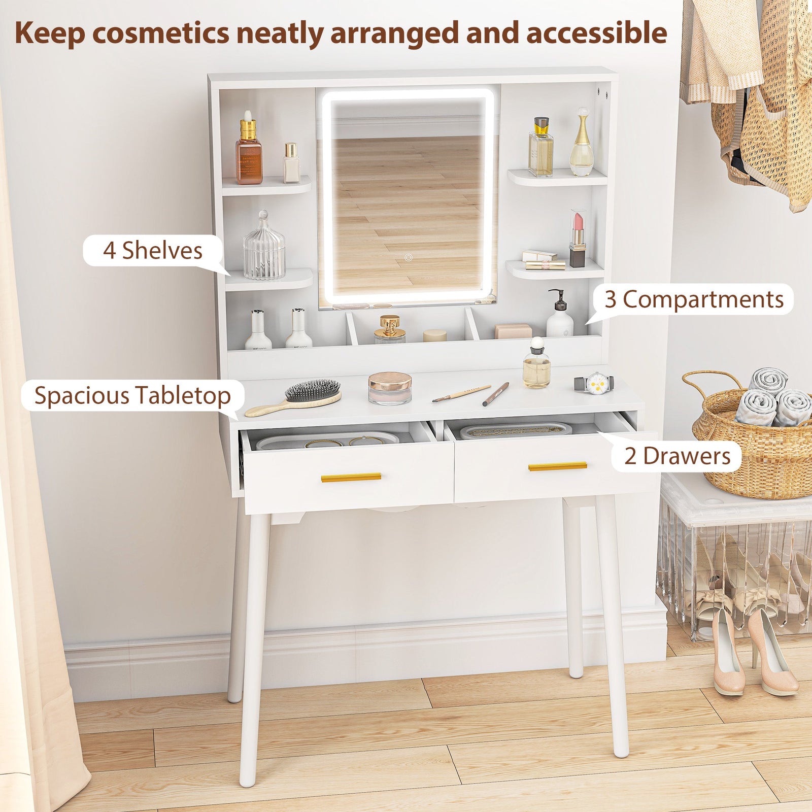 homcom elegant dressing table with led mirror white
