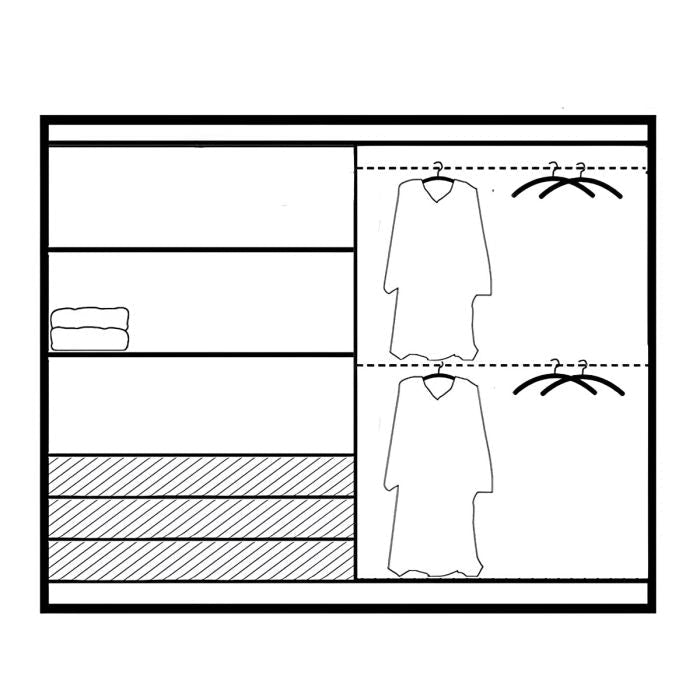Line drawing of Lincolnshire 4 door wardrobe in Oak Wotan with mirrored doors, showing shelves and hanging rails