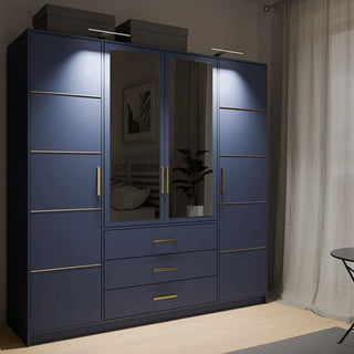 Blue 4 door wardrobe with mirrored centre doors and gold handles