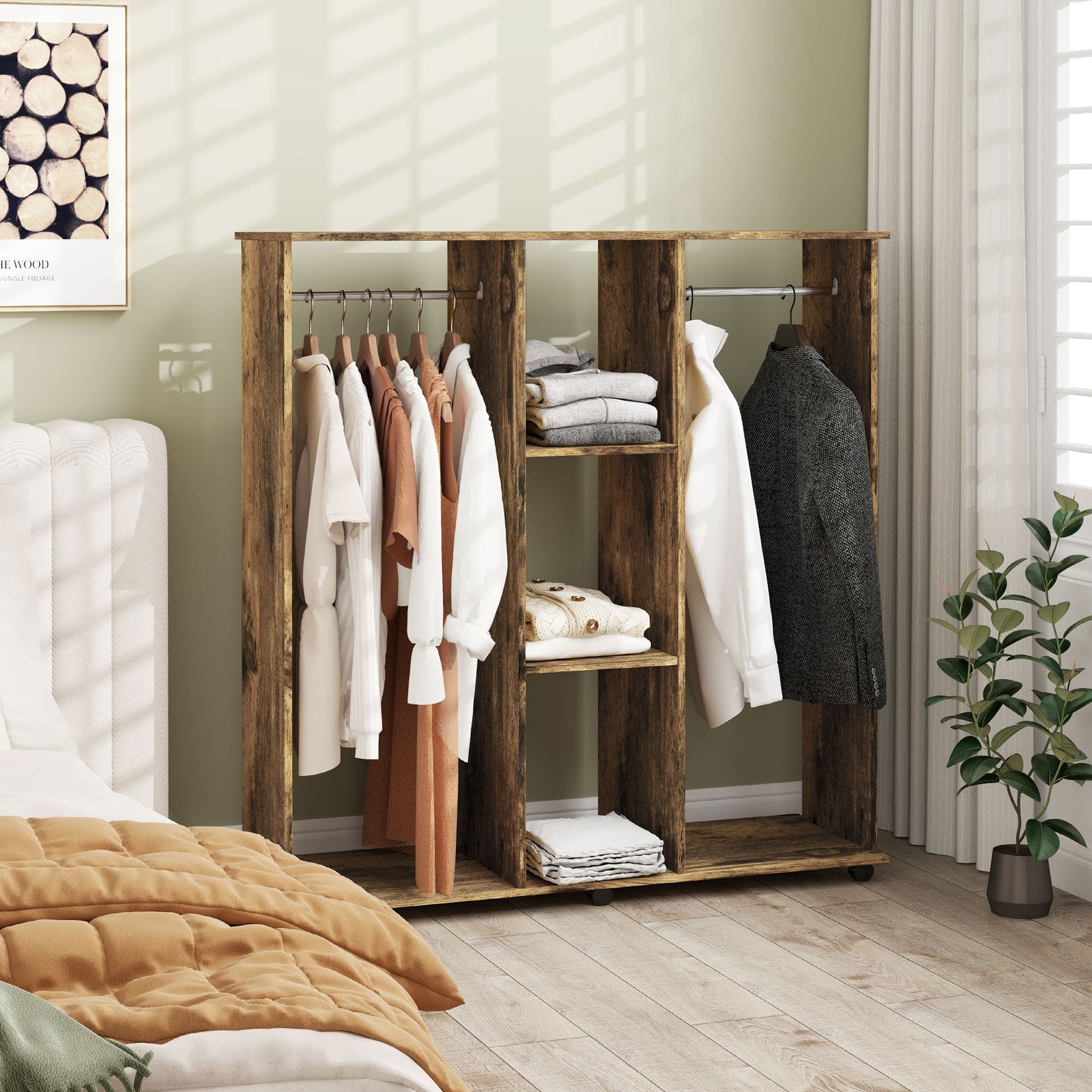 homcom open wardrobe double mobile storage shelves organizer w 6 wheels rustic brown