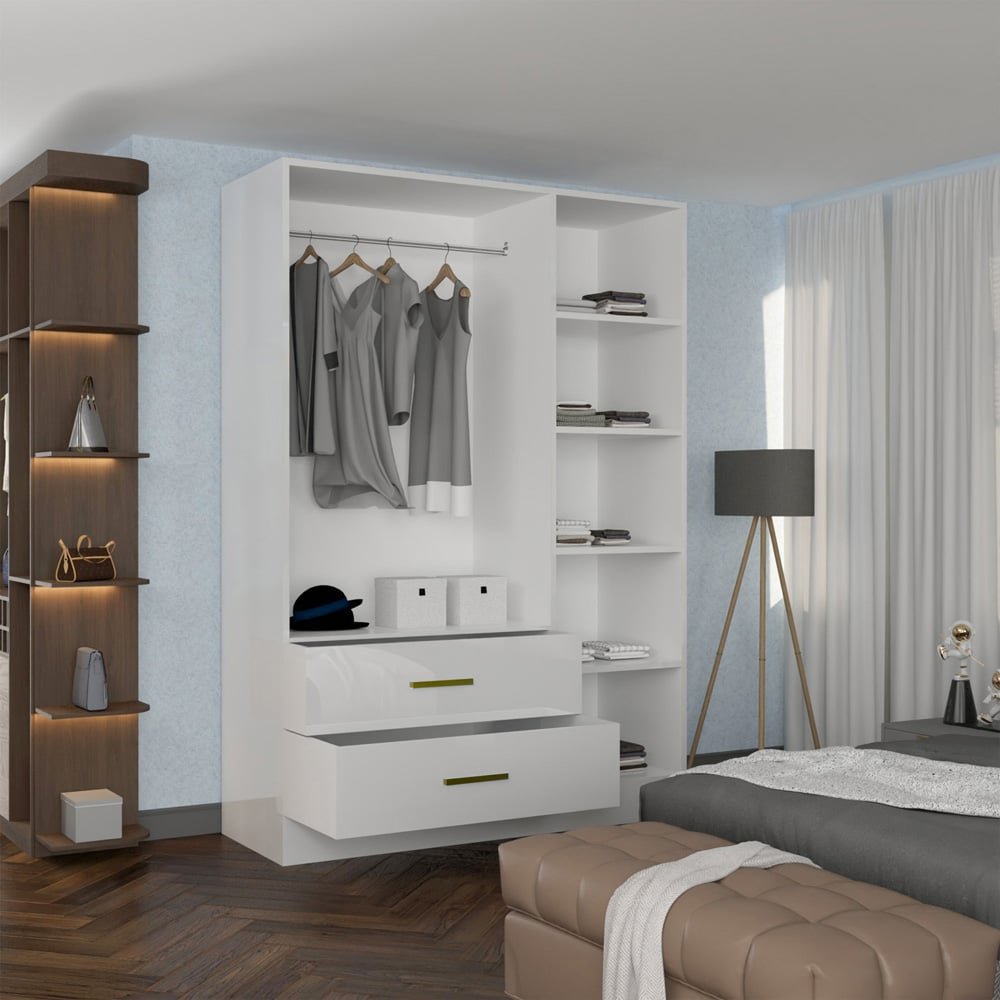 XD2 White High Gloss 3 Door 2 Drawer Wardrobe with Gold Handles and Mirrored Panel