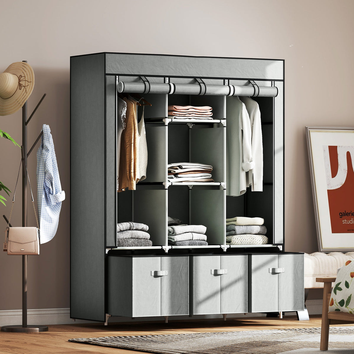 homcom foldable fabric wardrobe for bedroom portable wardrobe with 5 shelves 2 hanging rails and 3 fabric drawers light grey