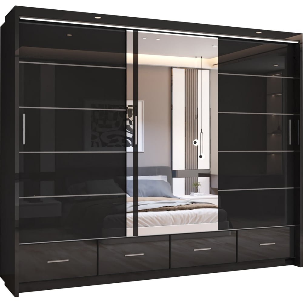 CHOICEWARDROBE Sycylia 255cm black high gloss 3-door sliding wardrobe with mirrored centre panel and bottom drawers.