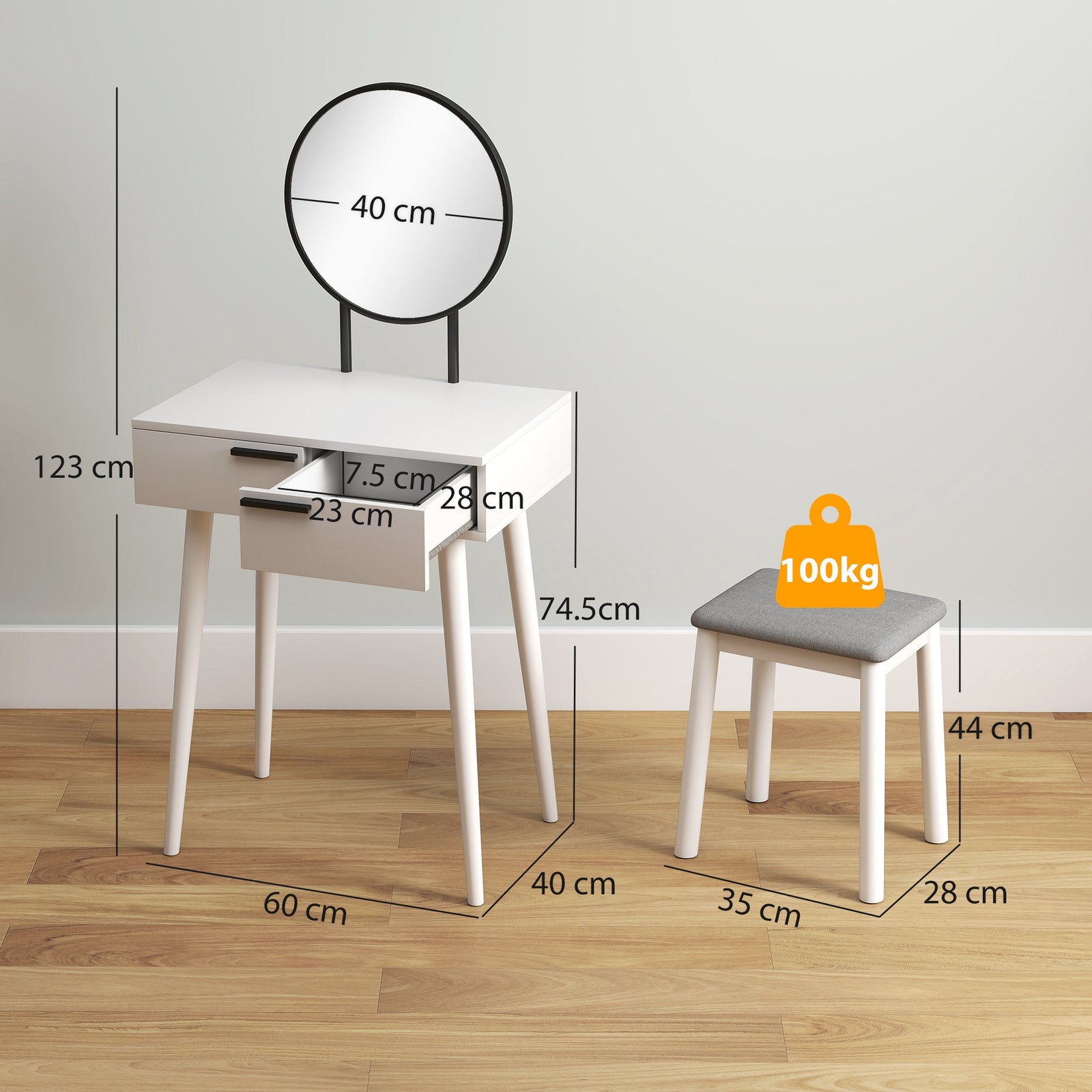 homcom modern dressing table with round mirror and stool makeup vanity table with 2 drawers for bedroom living room 60 x 40 x 123 cm white