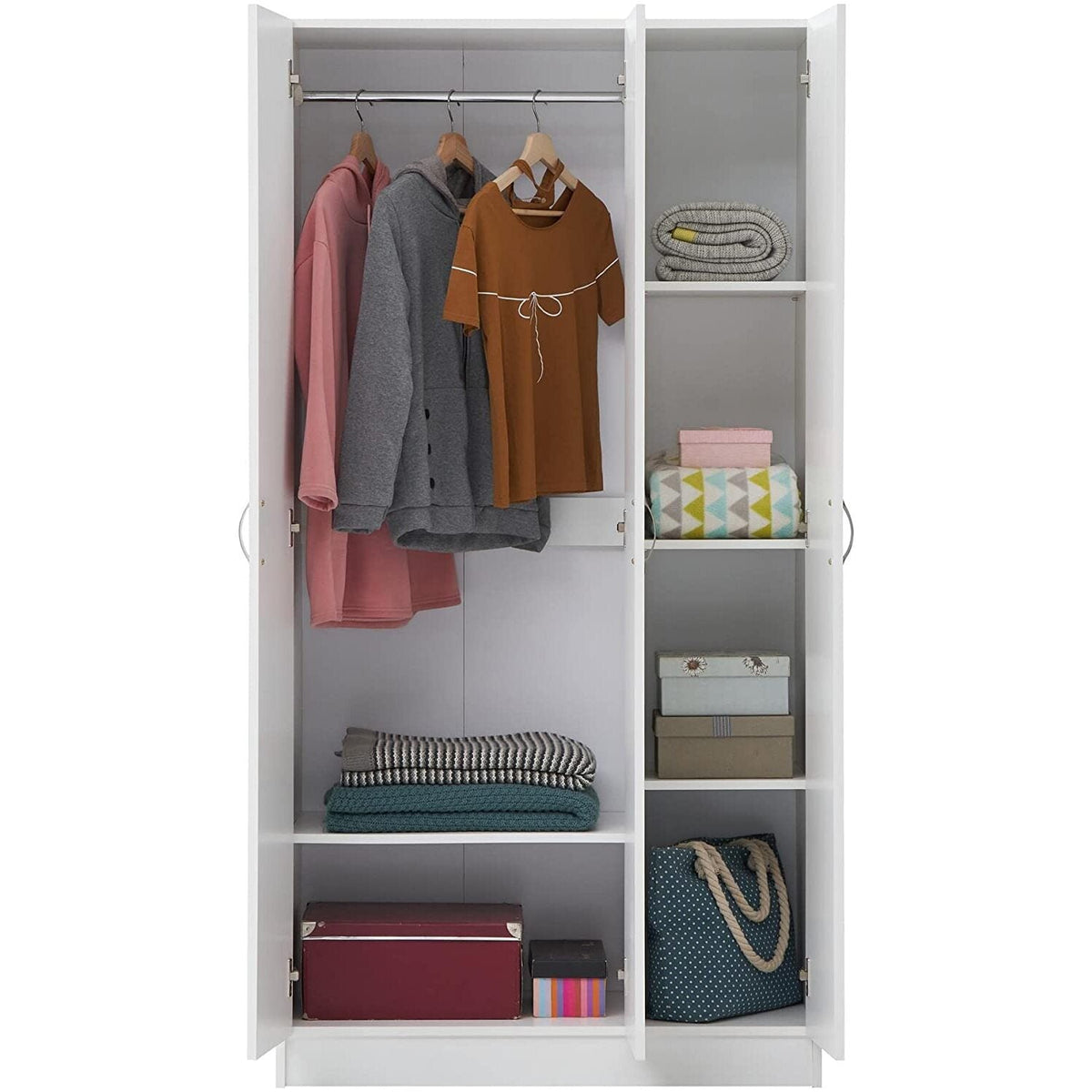 White 3 door wardrobe with hanging space and shelves holding folded items and boxes.