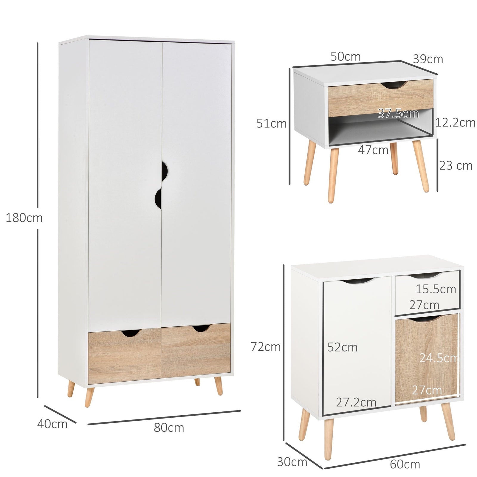 homcom bedroom furniture set wardrobe with hanging rail bedside table floor cabinet with storage nature wood finish and white