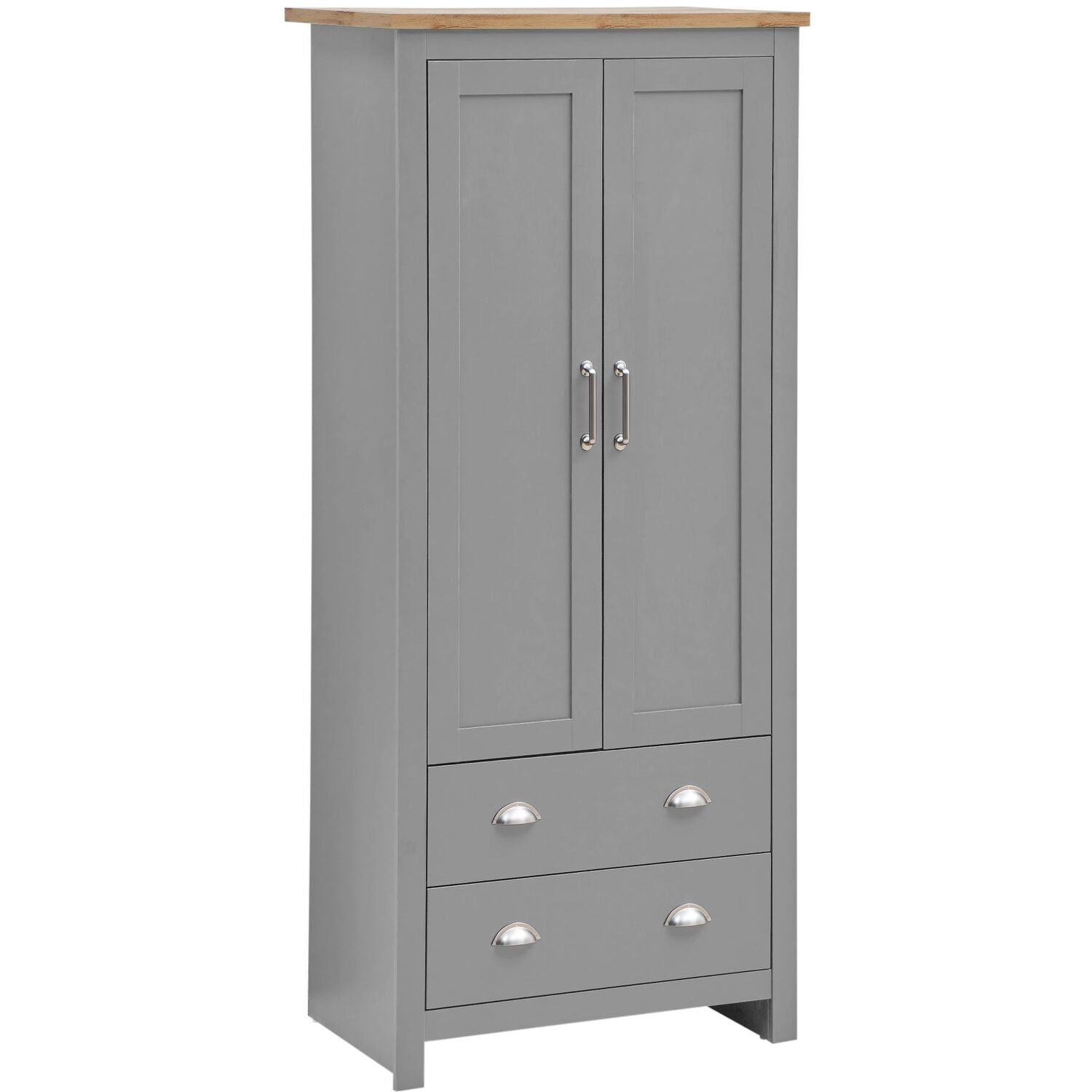 Light grey 2-door wardrobe with 2 drawers and oak-effect top, featuring silver handles.