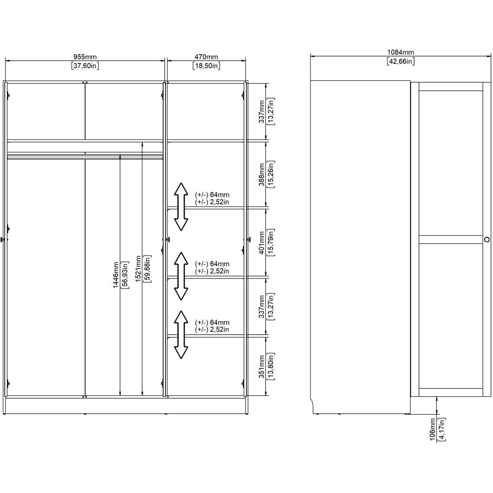 Technical drawing of Florence Brande 3 door white wardrobe with dimensions and internal storage layout