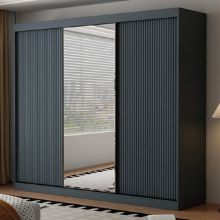 Dark grey 3 door sliding wardrobe with mirrored centre door and fluted outer panels
