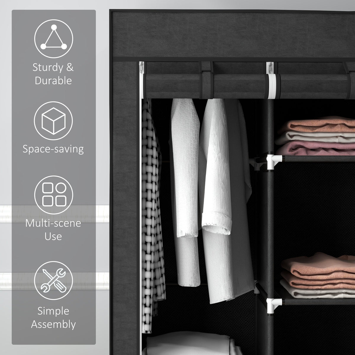 homcom fabric wardrobe with rails and shelves black