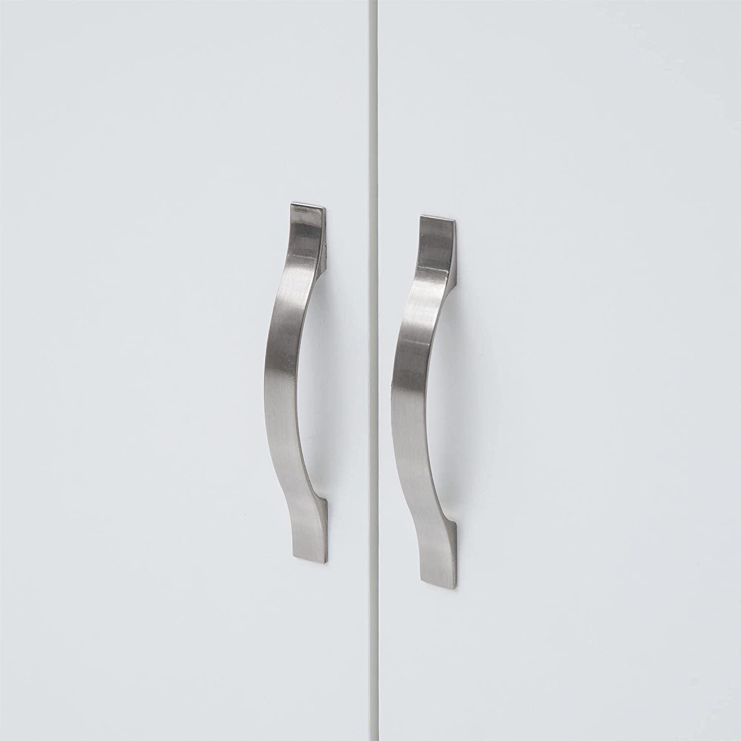 White 3 door wardrobe detail with two silver metal handles