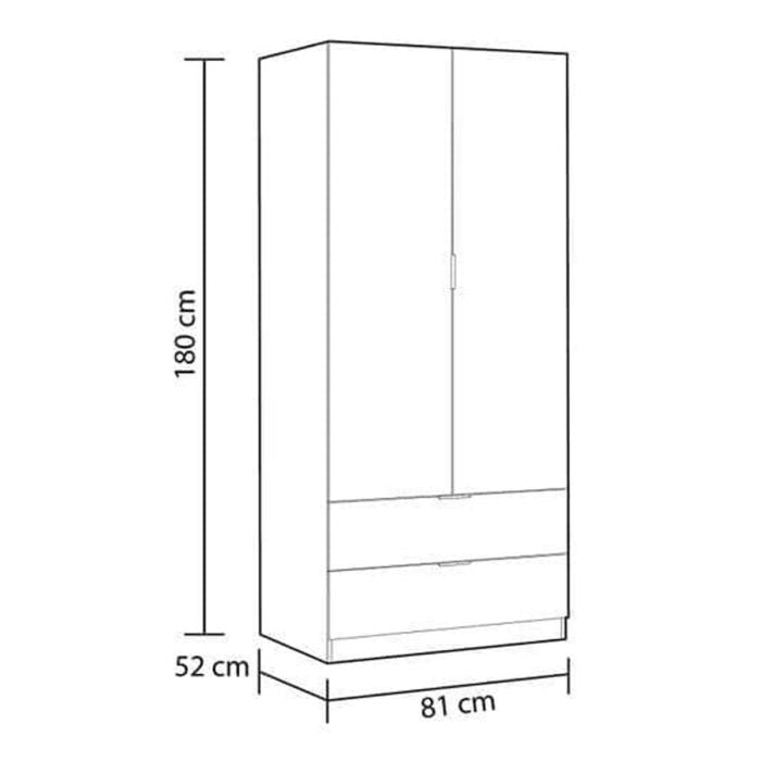 Line drawing of HARVEY narrow white 2-door wardrobe with 2 drawers, showing dimensions 180x81x52cm.