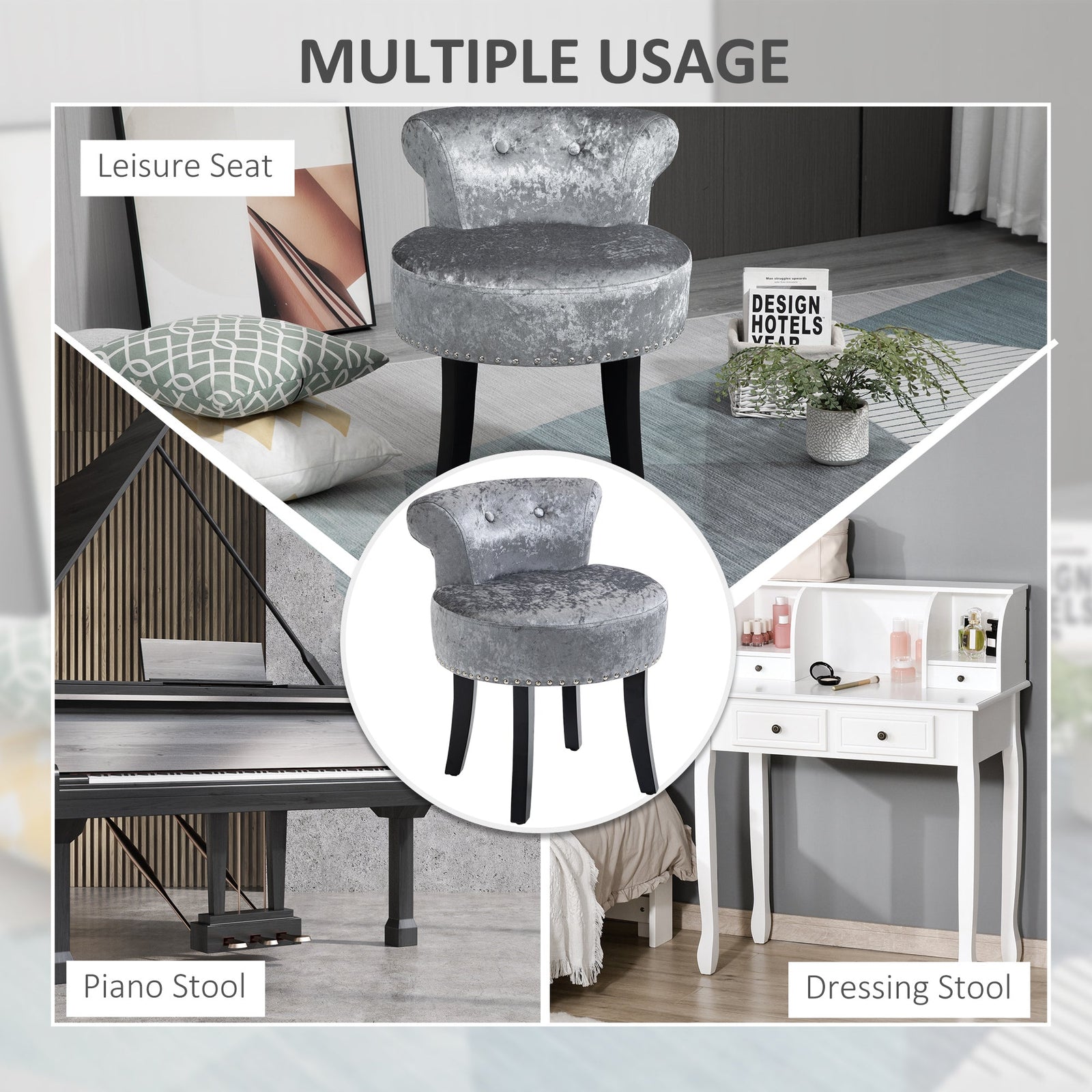 homcom dressing table stool with rubber wood legs ice velvet vanity stool for living room bedroom grey