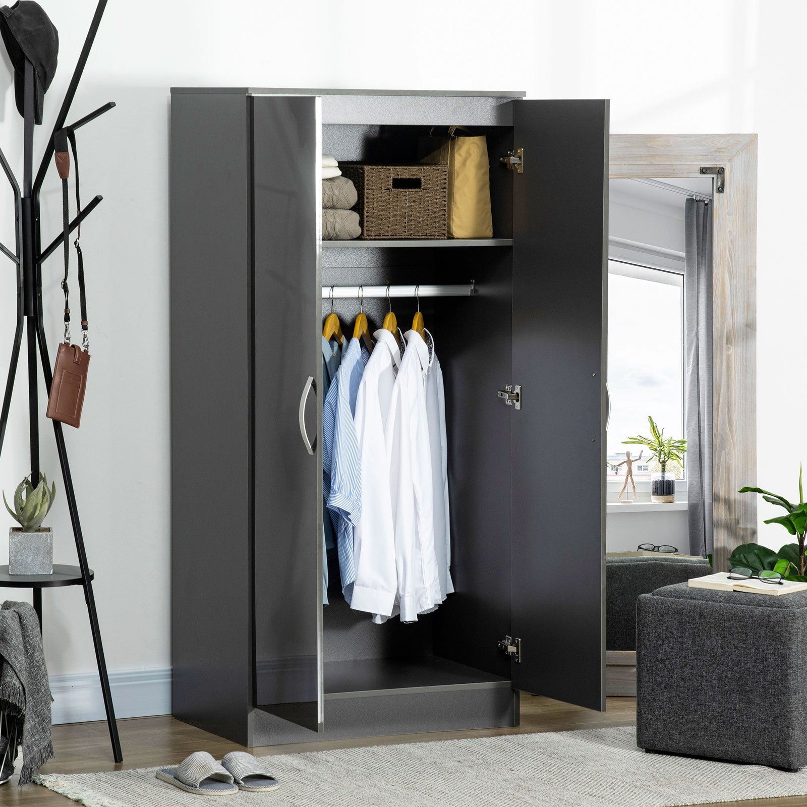 homcom high gloss wardrobe 2 door wardrobe with hanging rod and storage shelf clothes storage organizer with anti tipping design for bedroom grey
